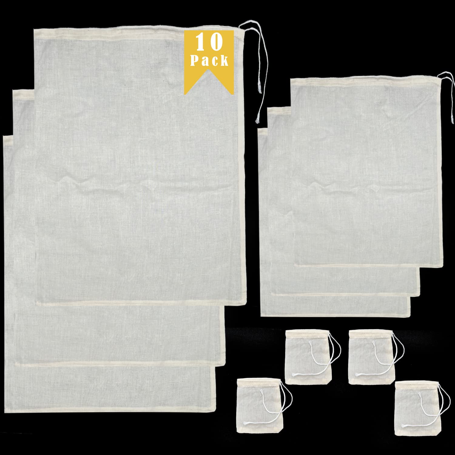 10 Pcs Reusable Muslin Bags for Cooking, 100% Unbleached Natural Cotton Cheese Cloths for Straining, Nut Milk Bag & Cold Brew Bag, Multi-Size Strainer Bag for Fruit Juice, Wine, Jam & Cheese Making