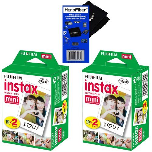 Fujifilm Instax Mini Twin Pack Instant Film - 2 pack (40 sheets) for Fujifilm Instax Mini 7s, Mini 8, Mini 25, Mini 50S, Mini 90 & SP-1 Smartphone Printer + HeroFiber Ultra Gentle Cleaning Cloth