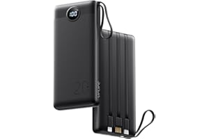 VRURC Portable Charger 20000mAh, Fast Charging Power Bank with LED Display, 4 Output 2 Input USB C Battery Pack Built Cables for iPhone 15/14/13/12/Pro/11, Samsung, Android etc-Black (1 Pack)