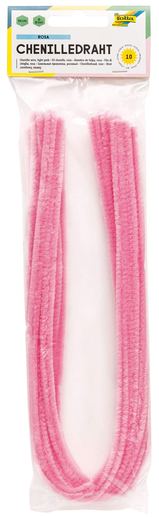 folia 77826 - Chenille Wire, Pipe Cleaners, Pack of 10 in Pink, Diameter 8 mm and 50 cm Long, Ideal for Children for Crafts and Design Animals, Figures and Other Shapes
