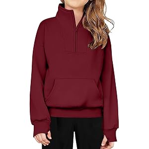 AOREUGL Sweatshirts For Teen Girls Oversized Quarter Zip Sweatshirt Long Sleeve Pullover With Thumb Hole Size 5-14 Years