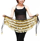 Belly Dance Hip Scarf Chiffon Belly Dance Skirt Wrap Belt Skirt with Gold Coins Belly Dance Costume for Women (Black)