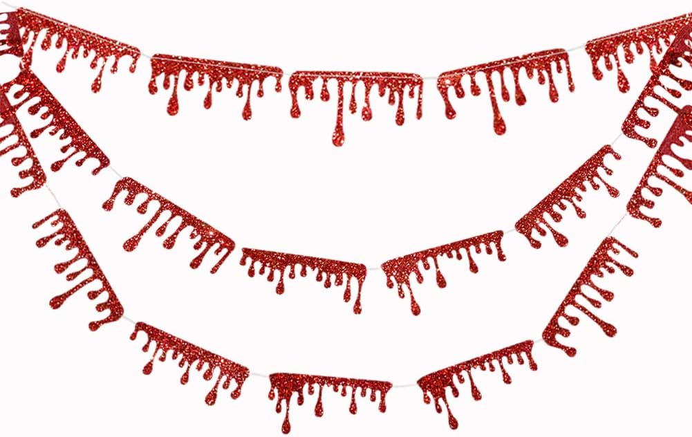 Glittery Bloody Garland Kit for Halloween Party Decoration Red Crimson Blood Drip Drop Banner Evil Psychic Vampire Themed Decor Hanging Bunting Banner for Birthday