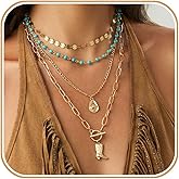 Vpanda Boho Necklaces for Women Layered Turquoise Beaded Choker Necklace Western Jewelry for Women Sequin Coin Necklace Bohemian Boho Jewelry for Women