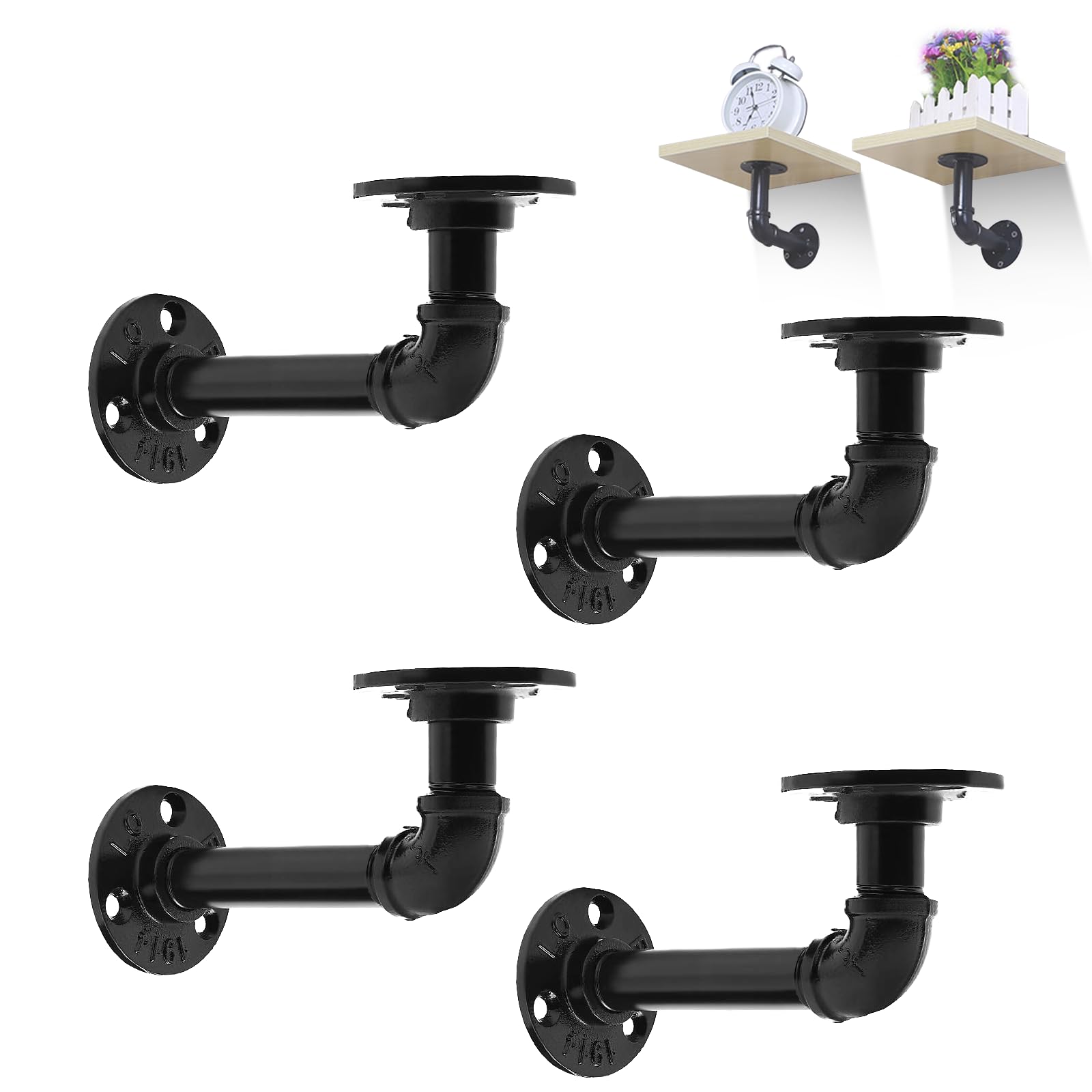MLOQI 4 Pack Industrial Pipe Shelf Brackets, Black Wall Bracket for Shelves with Screws (Black 7 Inches) — image 1