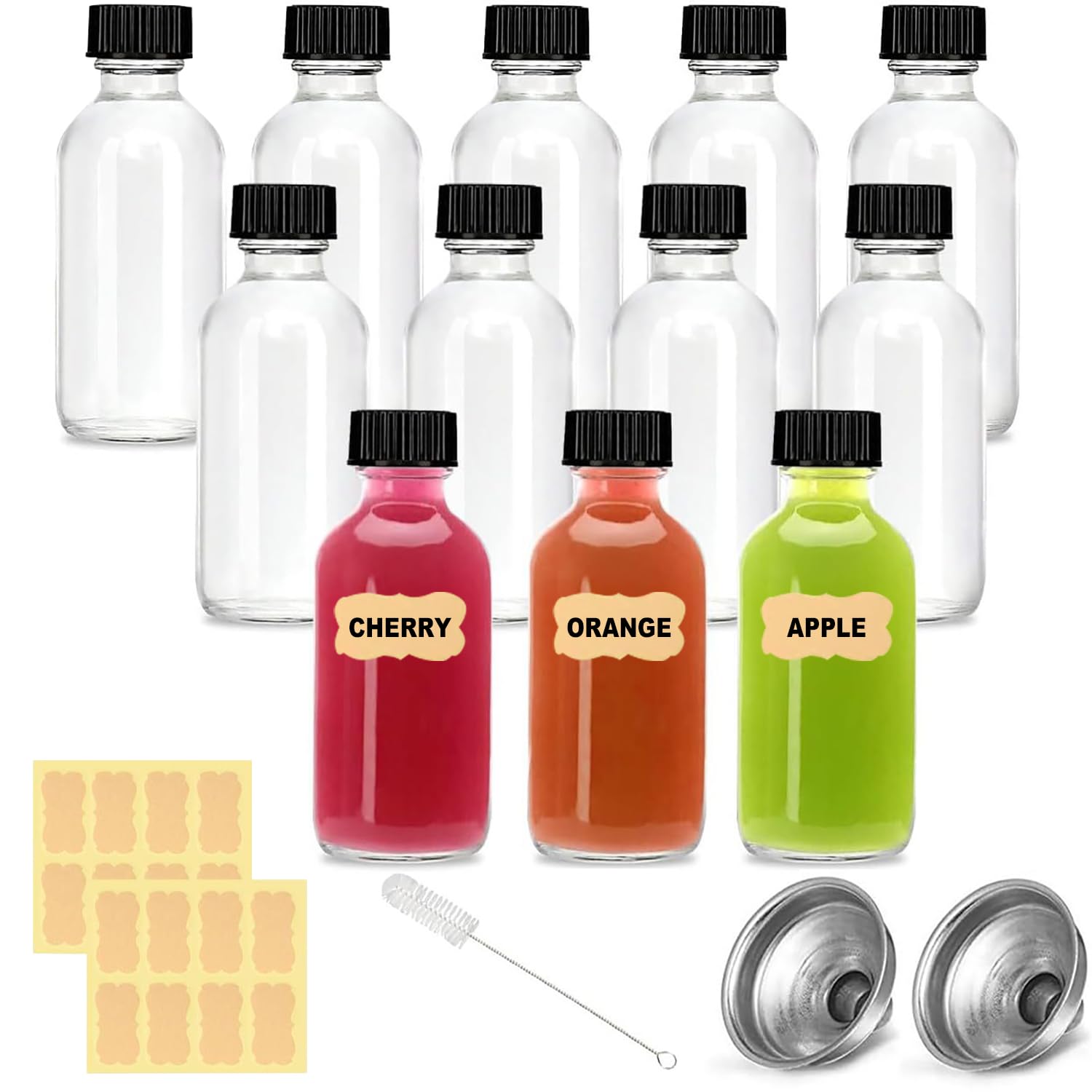 Kiswleon 12-Pack 2oz/60ml Glass Shot Bottles with Lids,Small Ginger Bottle with Funnels Labels,Small Glass Bottles with Lids for Ginger Shots Juice Alcohol Oil Sauces
