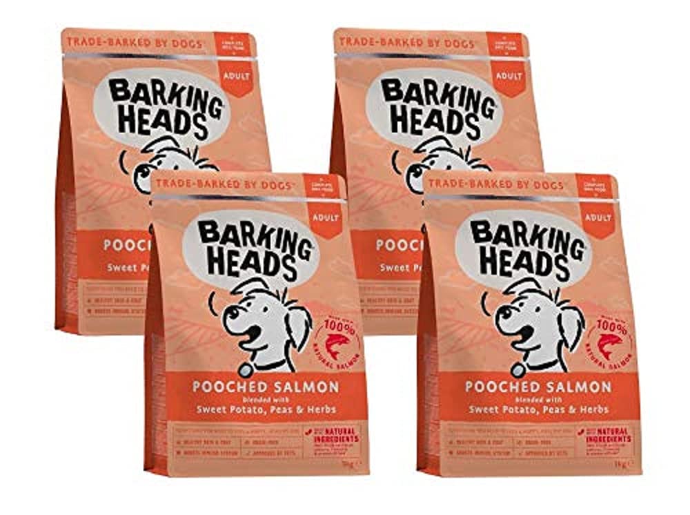 Barking Heads Complete Dry Dog Food 1kg x 4 - Adult All Hounder Hair Necessities Salmon - Natural Grain Free Hypoallergenic for Skin & Coat - Vet Approved
