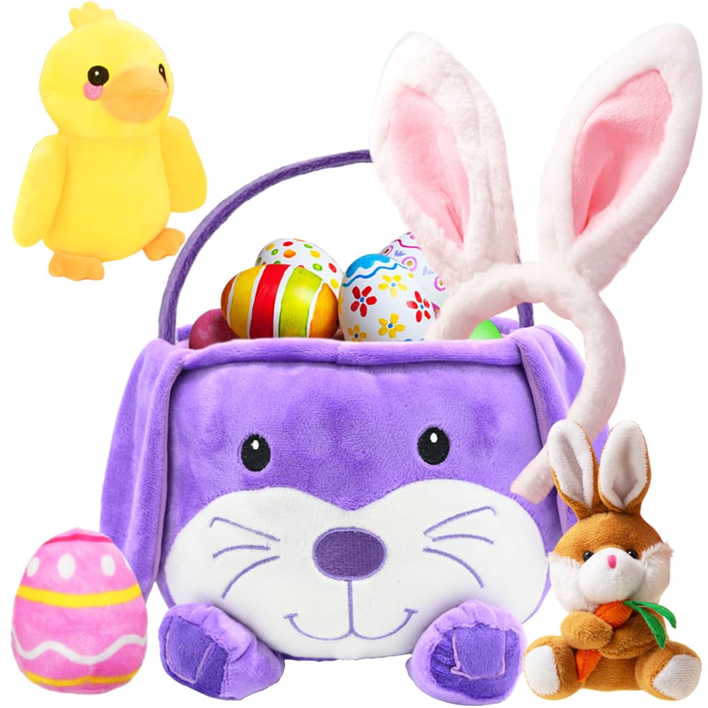 Photo 1 of UMEELR Easter Bunny Basket with Rabbit Duck Keychains Bunny Ears, Cute Plush Basket for Baby Girls Boys Easter Gifts Hunt Bag