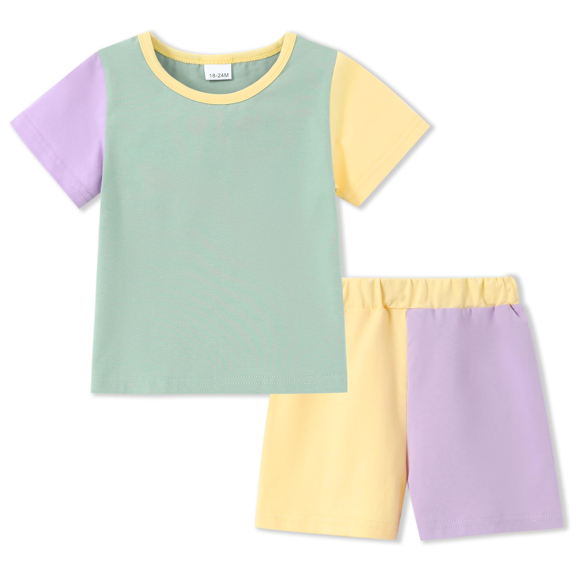 Photo 1 of SOLOYEE Toddler Baby Girl Clothes Summer Outfits Contrast Short Sleeve T-Shirts Tops Shorts 2Pcs Girls Clothing Sets (Contrast-Green, 2-3T)
