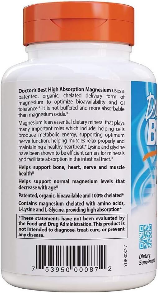 Doctor's Best High Absorption Magnesium Glycinate Lysinate, 100% Chelated, TRACCS, Not Buffered, Headaches, Sleep, Energy, Leg Cramps, Non-GMO, Vegan, Gluten Free, Soy Free, 100 mg, 240 Tablets: Health & Personal Care