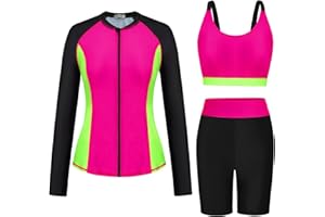 GRACE KARIN Women's 3 Piece Rash Guard Built-in Bra Long Sleeve UV Sun Protection Swimsuit Zip up Swim Top Shirt Modest