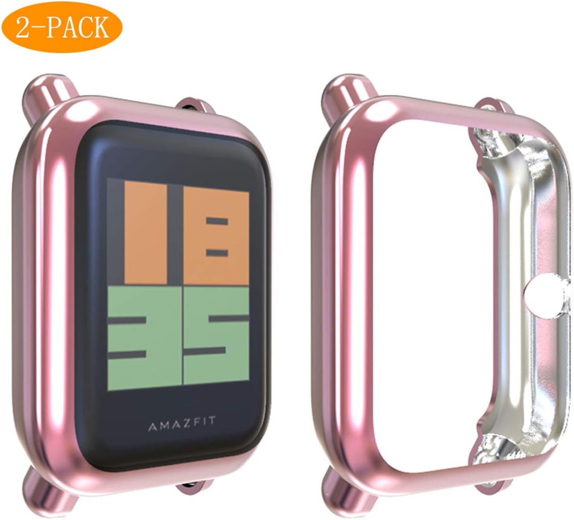 2-Pack Screen Protector Compatible Huami Amazfit Bip,TPU Plated Case Rugged Cover [Scratch-Proof] All-Around Protective Bumper Shell Compatible Huami Xiaomi Amazfit Bip Smart Watch (Pink Gold)
