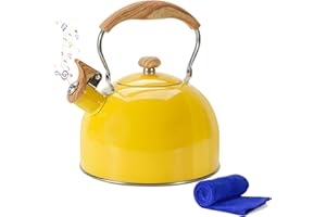 Foedo Tea Kettle,Whistling Tea Kettle Stovetop 2.6 Quart, Tea Pots for Stove Top Food Grade Stainless Steel,Wood Pattern Handle(Yellow),With Anti Scald Towel