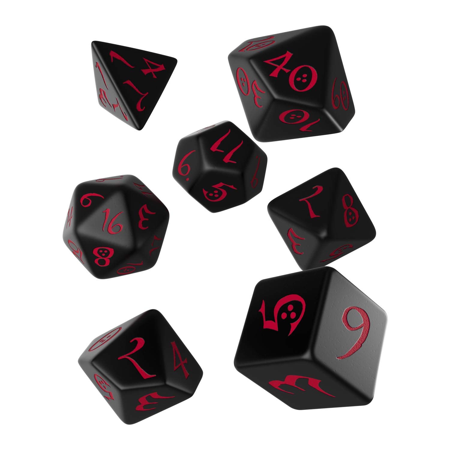 Q WORKSHOP Classic Black & Red RPG Ornamented Dice Set 7 Polyhedral Pieces