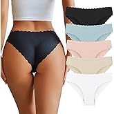 VKME Cotton Underwear for Women Seamless No Show Bikini Breathable Hipster Wavy Sides Invisibles Cheeky Panties 5 Pack