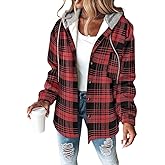 CHICME Womens Lightweight Casual Jacket Plaid Long Sleeve Shacket Fleece Lined Hooded Jackets Warm Coat