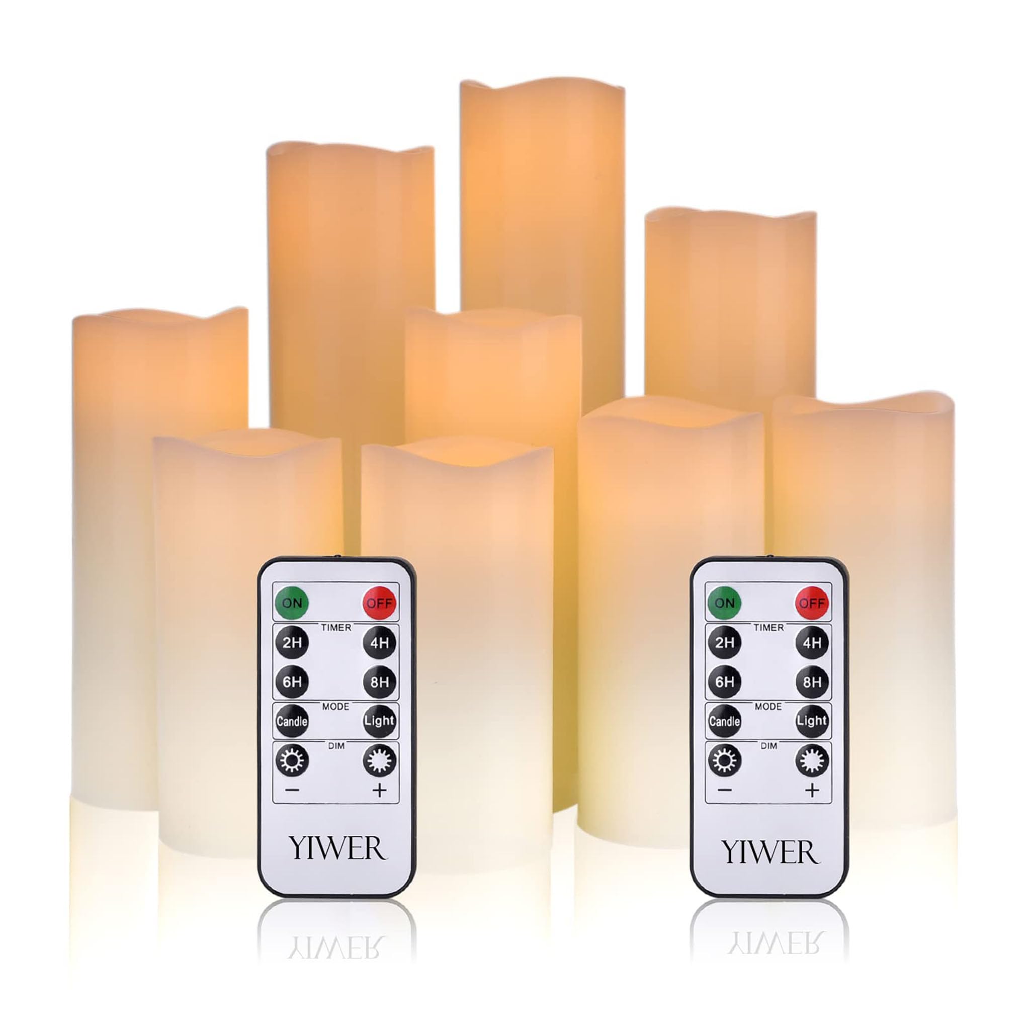 YIWER Flameless Led Candle Φ2.2 x H 4"/5"/6"/7''/8''/9'' Real Wax Battery Candle Pillars 10 Key Remote Control with 24 Hour Timer Function (Ivory)