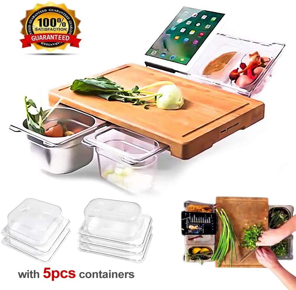 2020 New Extensible Bamboo Cutting Board with 4 Containers Set, Tray Drawer Storage Cutting Board - Easy Food Prep Chopping and Serving Board for Meats Bread Fruits