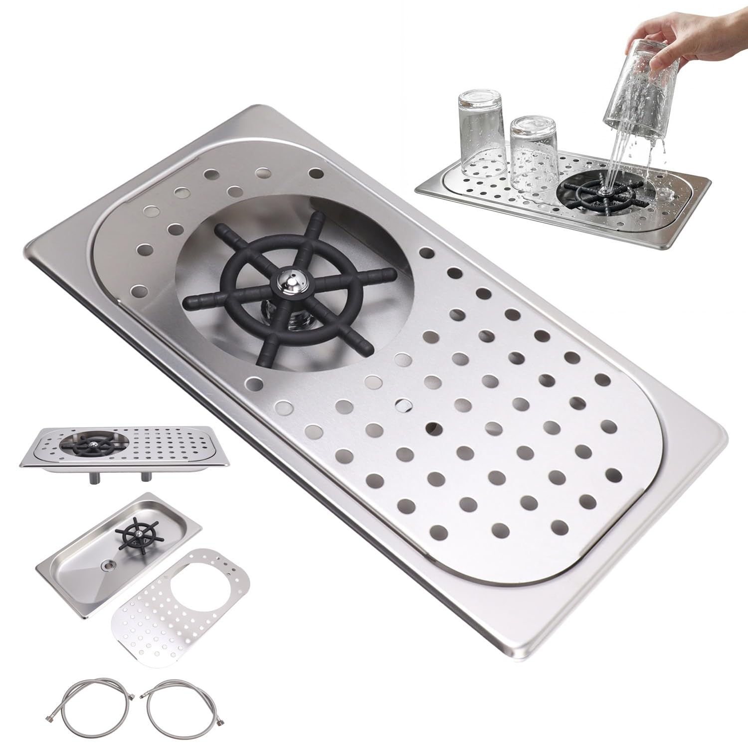 Bar Sink with Glass Rinser,Stainless Steel Pitcher Rinser Cup Washer Glass Cleaning Rinser High Pressure Washing with Drain Drip Tray Hose for Bar Coffee Shop