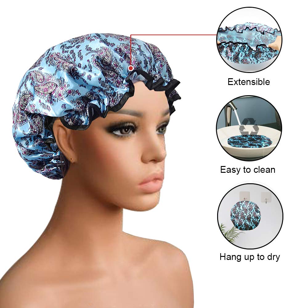 Luckindom Shower Caps, 3 Pack Extra Large and Double Layered Waterproof Bath Cap for Women and Girls, Adjustable and Reusable Shower Hat and Bonnet for Hair Protection (Type 2) : Beauty