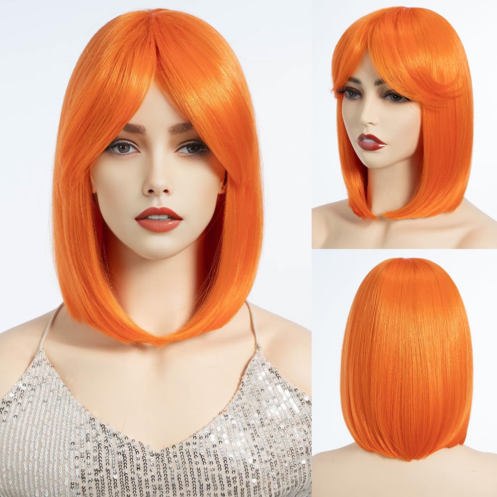 DÉBUT Straight Bob Hair Orange Wig with Fringe for Women Heat Resistant Synthetic Glueless Lace Wigs with Bangs for Daily Party Cosplay Wear（10 inches, ORANGE）