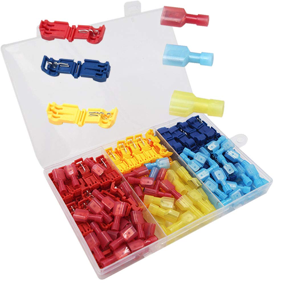 senvenelec 130Pcs (65 Pairs) Advanced t-Tap Line Terminal, Self-Exfoliating Quick Connector Cable Connector and Fully Insulated Male Spade Terminal Connector Kit - Red 50pcs, Blue 50pcs, Yellow 30pcs