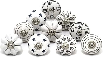 Set Of 10 Silver White Design Handmade Ceramic Knobs Cabinet