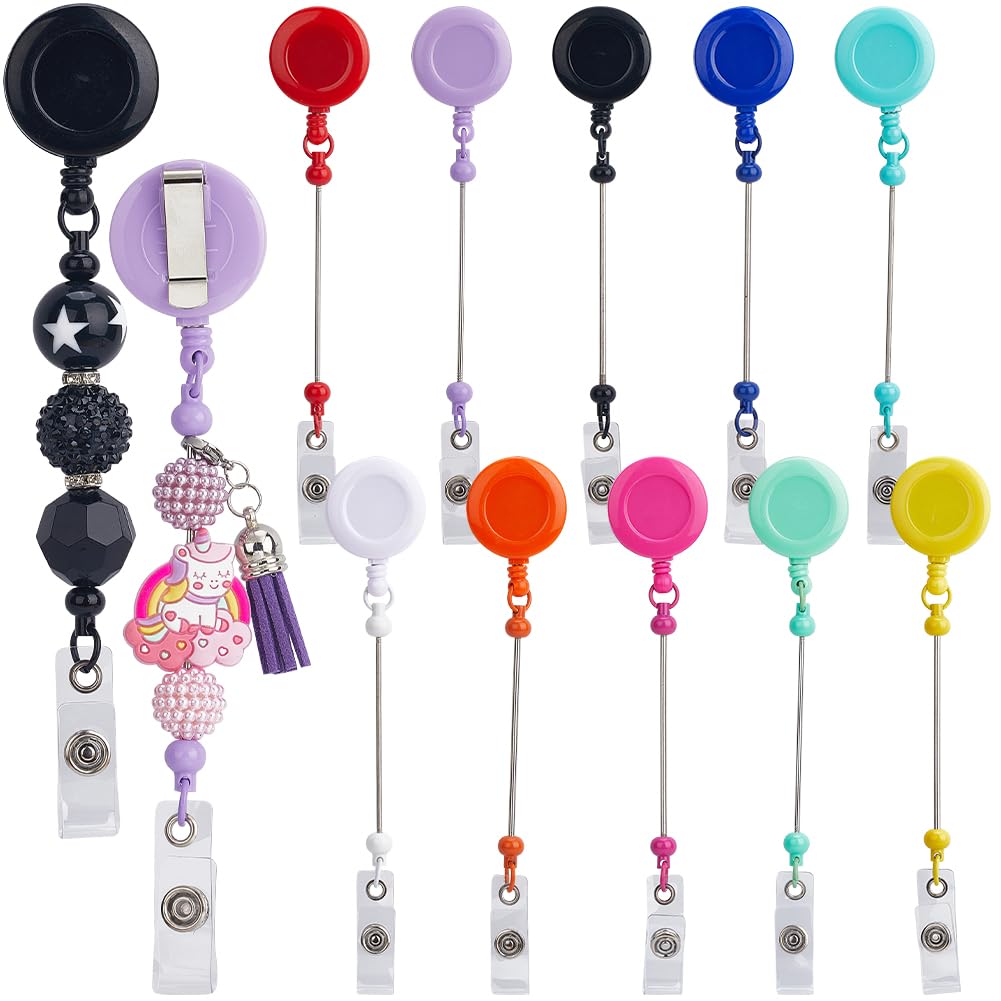 SUNNYCLUE 10Pcs Beadable Badge Reel Bead Retractable Badge Holders Retractable Reel with Bar Clips Holder Bead ID Name for Women Nurse Doctor Student Teacher Office DIY Supplies