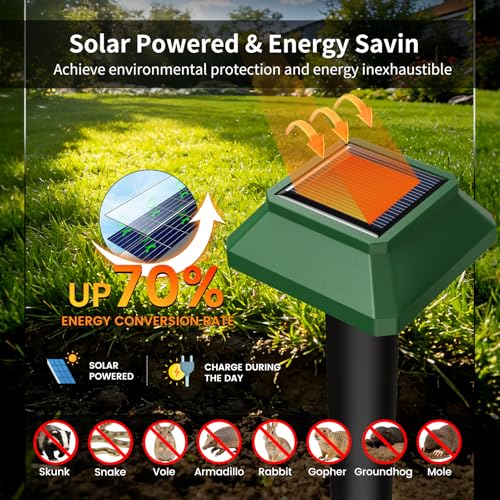 Ultrasonic Animal Repellent Outdoor, Solar Power Cat Rodent Raccoon Repeller, Rabbit Snake Control Device with Motion Sensor and FIashing Light, Waterproof Outdoor Animal Repellent for Deer Squirrel