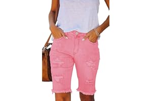 Metietila Women's Ripped Mid-Rise Denim Bermuda Shorts Frayed Raw Hem Stretch Jean Shorts