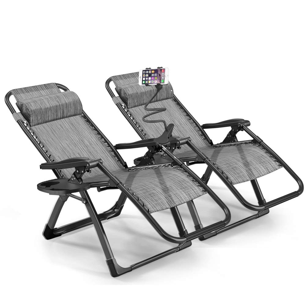 Furgle Sun Lounger Set Of 2 Outdoor Zero Gravity Chair Xl Garden Folding Lounge Recliner Chair Oversized Lawn Chair With Cup Holder Trays For Patio Pool Black Beach Camping Sunloungers Garden