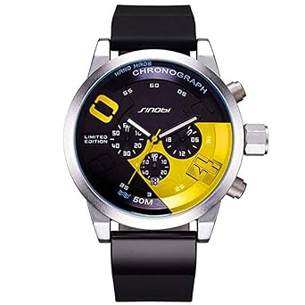 SINOBI Mens Sports Casual Rubber Strap Watch Big Face Chronograph Watches, Military Stainless Steel Clock