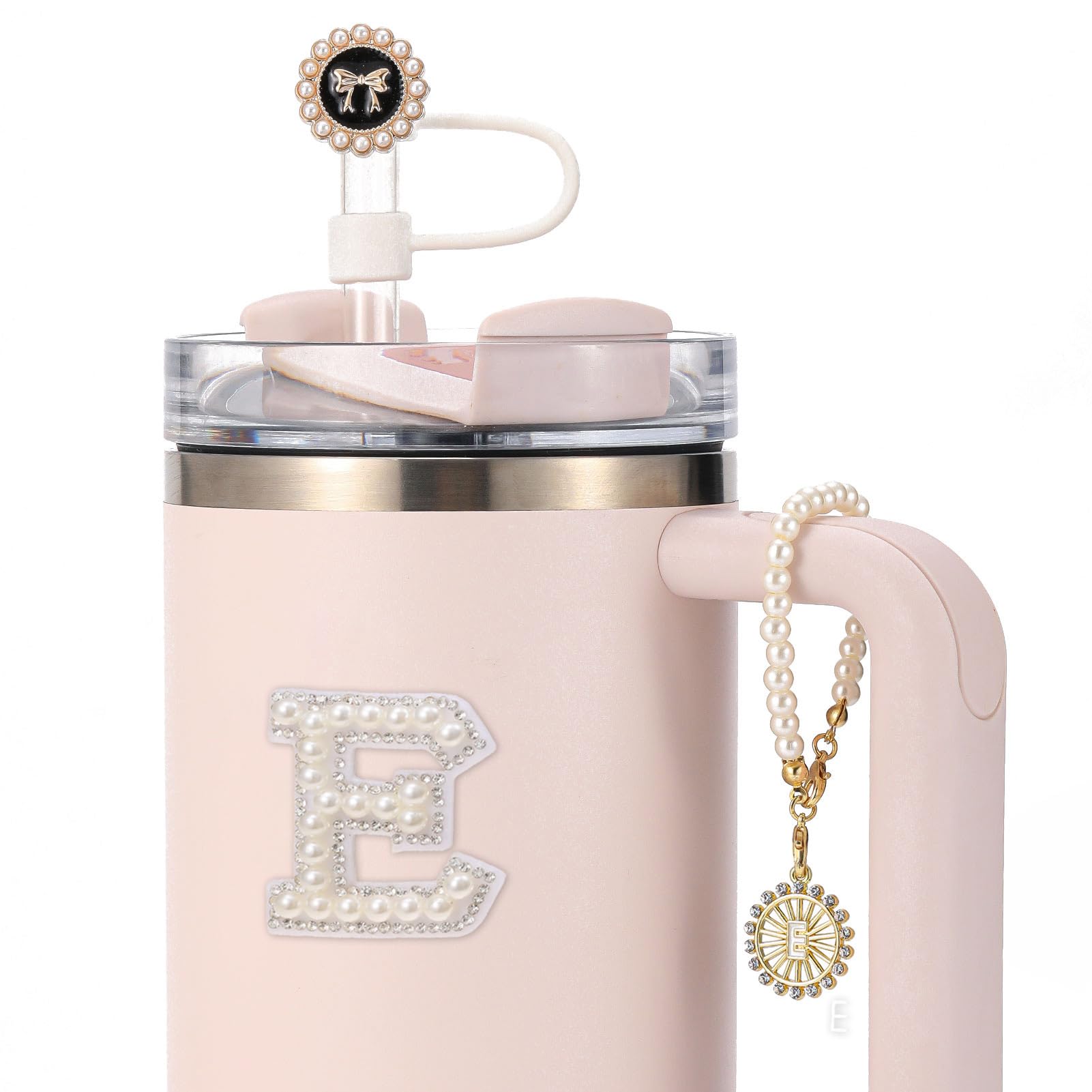 Photo 1 of ++4 PACK+++3PCS Cup Accessories Compatible with Stanley - Straw Cover for 30&40 Oz Tumbler 10mm Silicone Straw Topper, Initial Charms Chain for Handle and Letter Sticker Decorations-E