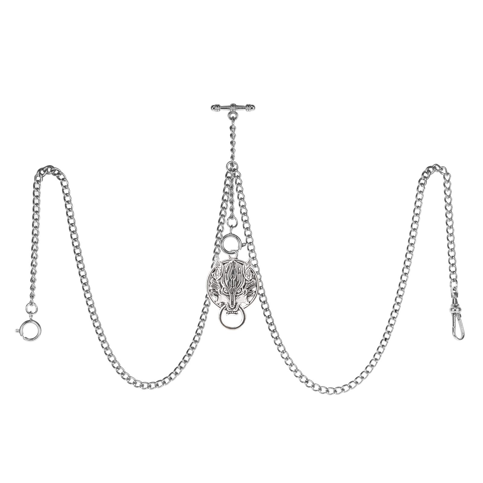 TREEWETO Men's Double Albert Chain Pocket Watch Curb Link Key Chain 3 Hooks with Antique Wolf Silver Pendant Design Charm Fob T Bar
