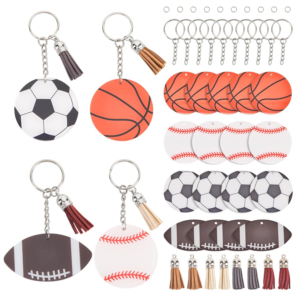 SOFPLATE 1 Box 64pcs Sports Keychains Diy Sports Keychain Craft Acrylic Football Rugby Basketball Baseball Key Chain Blank Kits with Tassel And Rings for Jewellery Making Keychains Gifts Crafting