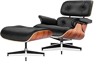 Tranqu Chaise Lounge Chair with Ottoman Genuine Leather High-Resilience Foam Cushions Mid Century Modern Ergonomic Design for Living Room Study Lounge Office Palisander Black