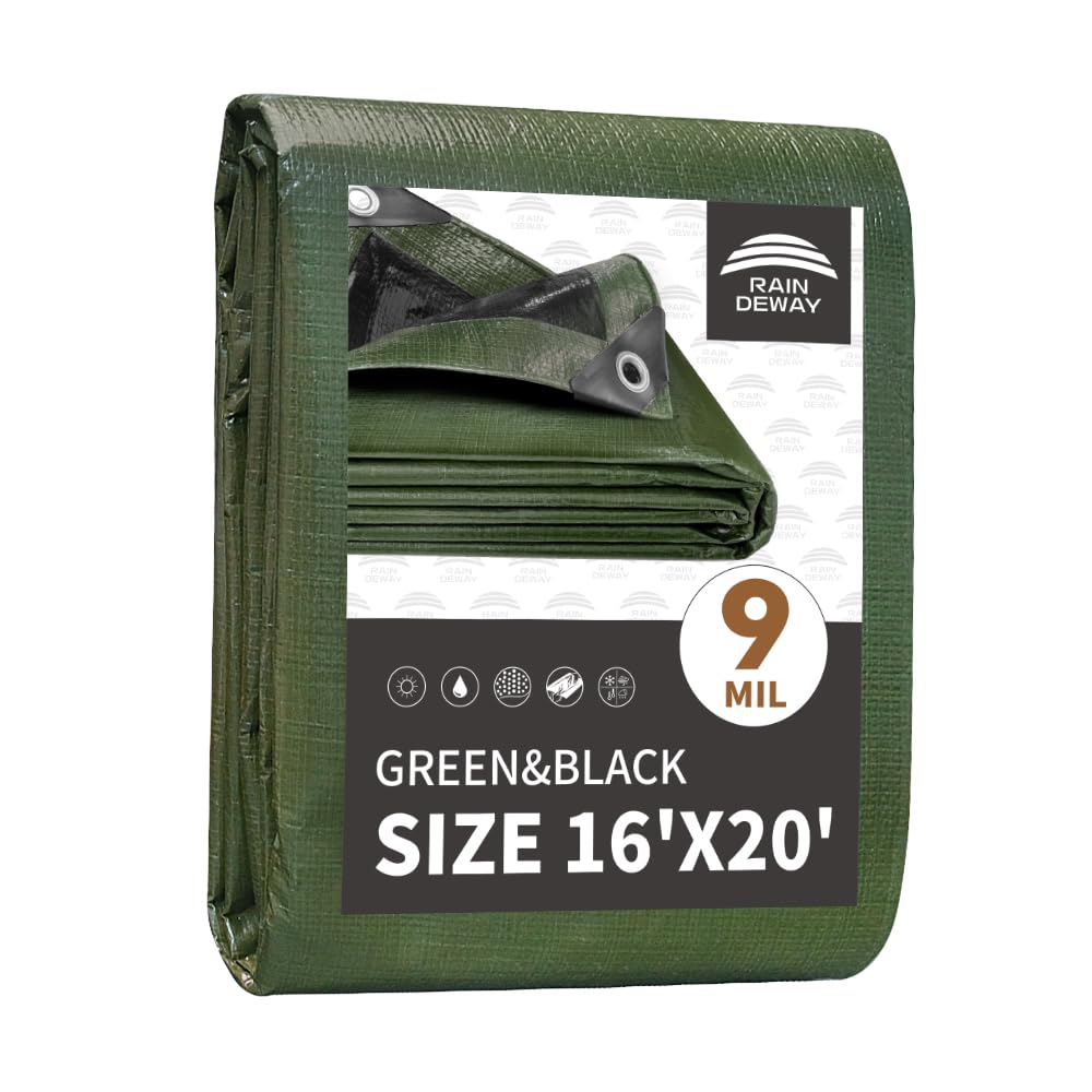 Photo 1 of RAINDEWAY Tarps 16x20 Feet,Tarp Waterproof,9Mil Thick,Finished Size,Multipurpose Poly Tarp Cover with Metal Grommets and Reinforced Edges,Green/Black Tarpaulin