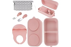 TAOCEEXI Travel Silicone Baby Feeding Set with 316 Stainless Steel Spoon & Fork,Silicone Suction Plates, Foldable Bib, Storage Bag - Portable Infant Toddler Utensils, 6-Piece BPA-Free Dishware Kit（pink）