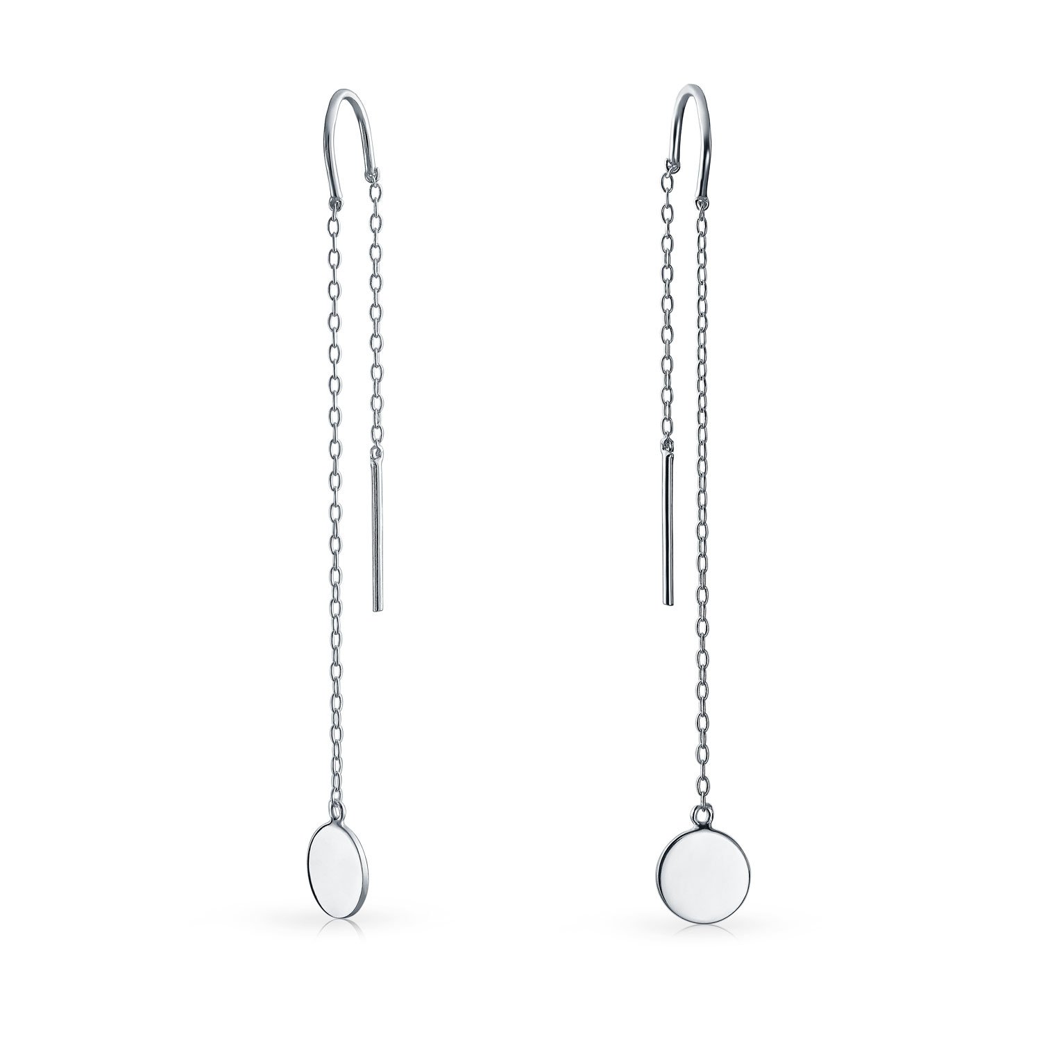 Personalize Engrave Initials Alphabet Minimalist Geometric Long Round Circle Chain Threader Earrings For Women Teens Stabilizing U Hook .925 Sterling Silver