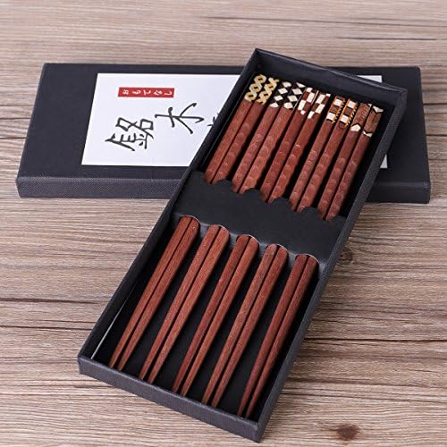 Unichart Chinese Chopsticks Ebony Organic Natural Wood Chopsticks 5 pairs set without paint wax wooden skid by Fine commodities Reusable Dishwasher Safe Khaki (pattern 3)