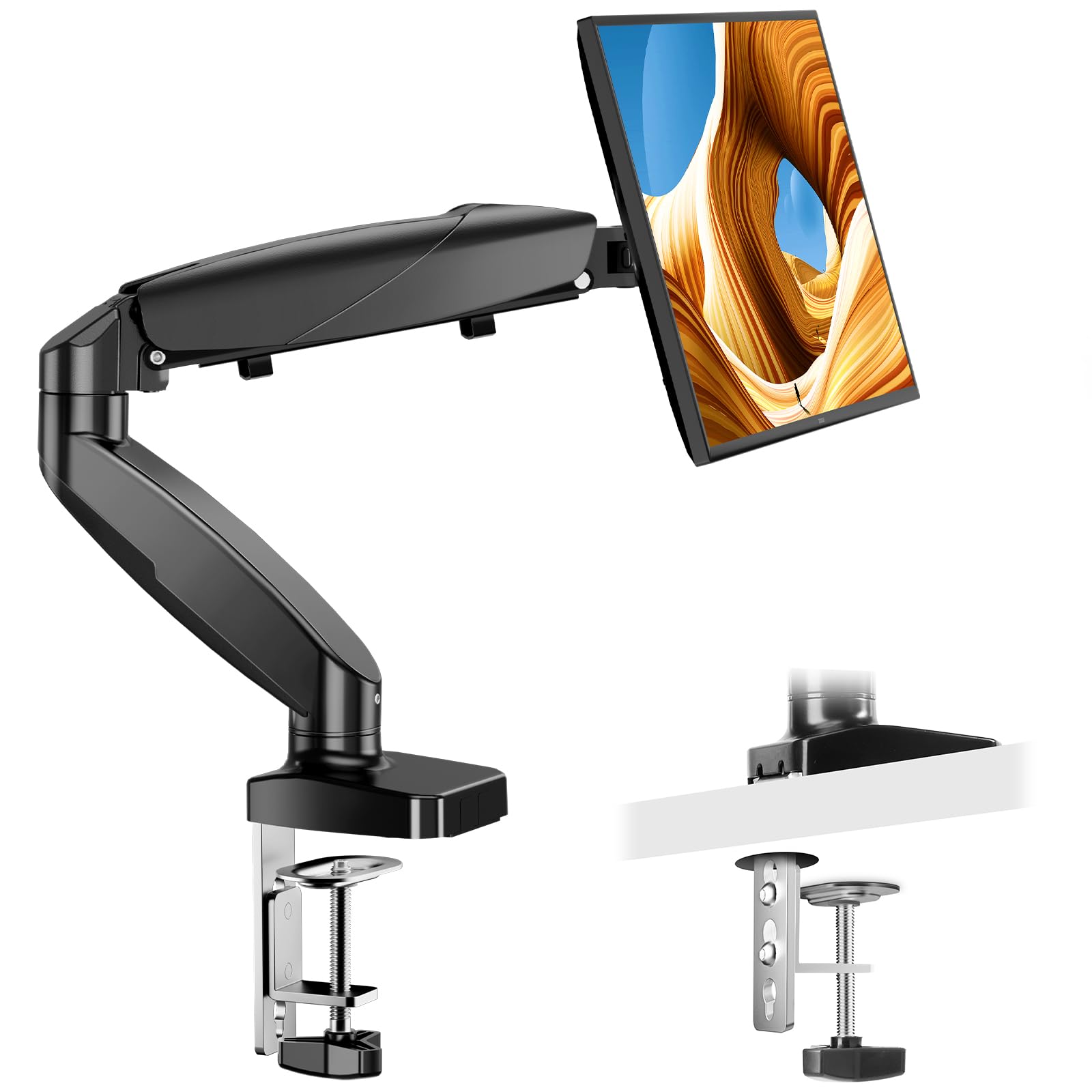 Photo 1 of Sweetcrispy Dual Monitor Stand Arm, Gas Spring 2 Monitor Desk Mount Adjustable Height Swivel VESA Bracket with Clamp and Grommet Base Fits 13-32 inch Computer Screen, Hold 17.6lb