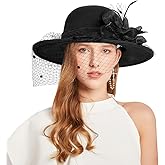 Women Wide Brim Bowler Church Hat 1920s Retro Felt Fedora Cap Wool Blend Floral Fascinator Hat with Veil