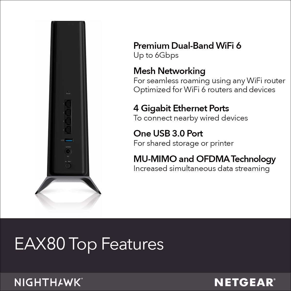 NETGEAR Nighthawk WiFi 6 Mesh Range Extender EAX80 - Add up to 2,500 sq. ft. and 30+ Devices with AX6000 Dual-Band Wireless Signal Booster & Repeater (up to 6Gbps Speed), Plus Smart Roaming