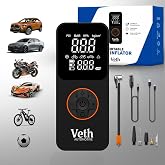 Veth Automotive VT05 Portable Tire Inflator, 150 PSI Cordless Air Pump | 2500mAh triple-cell battery, cordless or 12V power, dual display, auto shut-off, USB-C output, 5 smart modes.