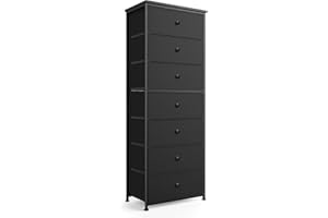 MIFURO Tall Fabric Dresser for Bedroom, Vertical Storage Organizer Tower with 7 Drawers, Chest of Drawers with Bins, Steel Frame, Wood Top for Bedroom, Closet, Entryway Black