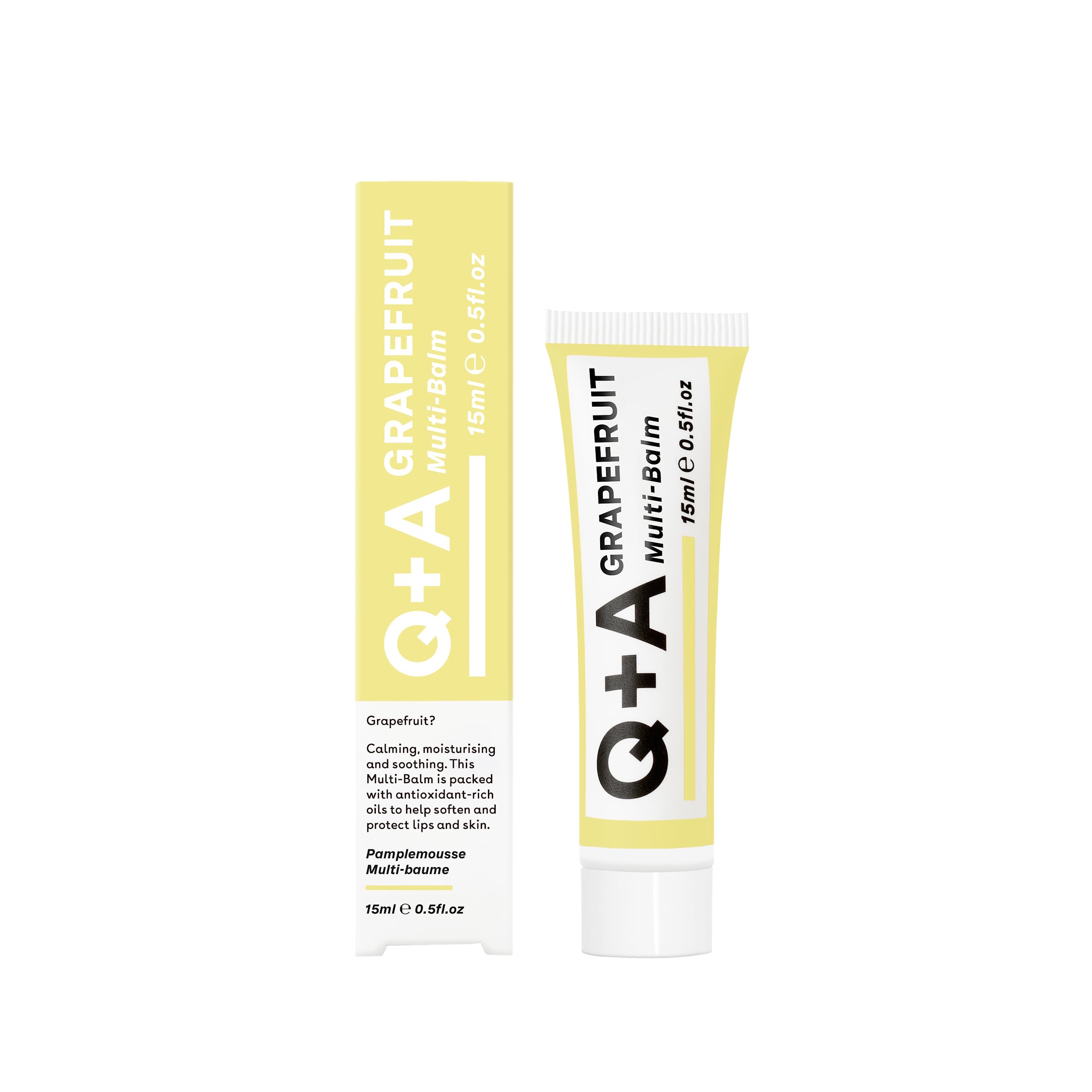 Q+A Grapefruit Multi-Balm - Jojoba, Cocoa Butter, and Grapefruit Infused - Hydrates Lips, Protects Cuticles, Soothes Dry Patches - Versatile Moisturising Solution for Nourished and Healthy Skin, 15ml