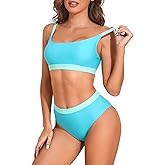 Zando High Waisted Bikini Set for Women Teen Girl Cute Sports Color Block Swimsuit 2 Piece High Cut Bathing Suit