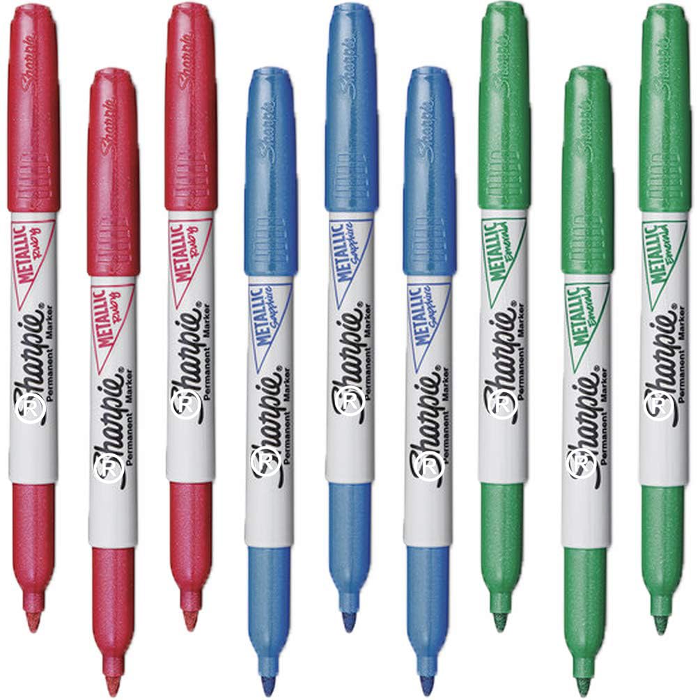 9 x Sharpie Metallic Fine Point Permanent Marker Pens, Assorted Colours: Ruby Red, Sapphire Blue, and Emerald Green - Loose in Plain Packaging