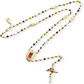 Rosary Beads Catholic for Women, Virgen de Guadalupe Necklace - 14K Gold Plated Virgin Mary Pendant, 3mm Mini Colorful Beads, Religious Baptism Gift