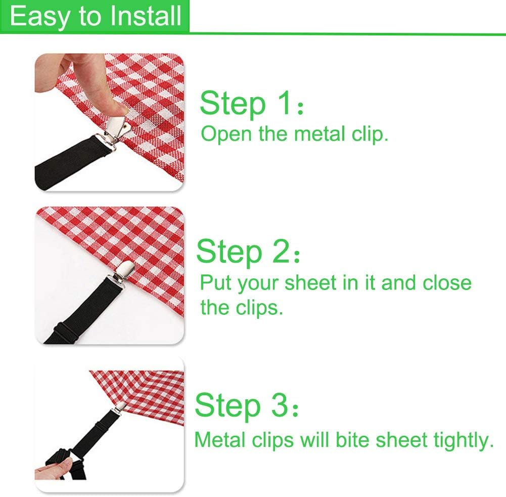 SEEOOR Bed Sheet Holder Straps, Triangle Elastic Mattress Corner Clips, 3 Way Fitted Bed Sheet Fastener Suspenders Grippers Heavy Duty for Bedding Sheets, Mattress Covers, Sofa Cushion (4 Pcs): Home & Kitchen
